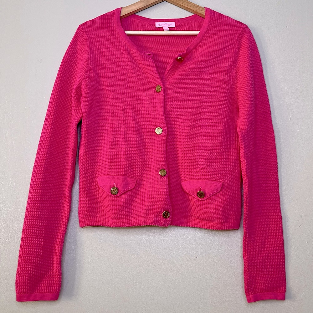 Y2K Lily Pulitzer Long Sleeve Pink Cardigan Waffle Knit Sweater Size Small